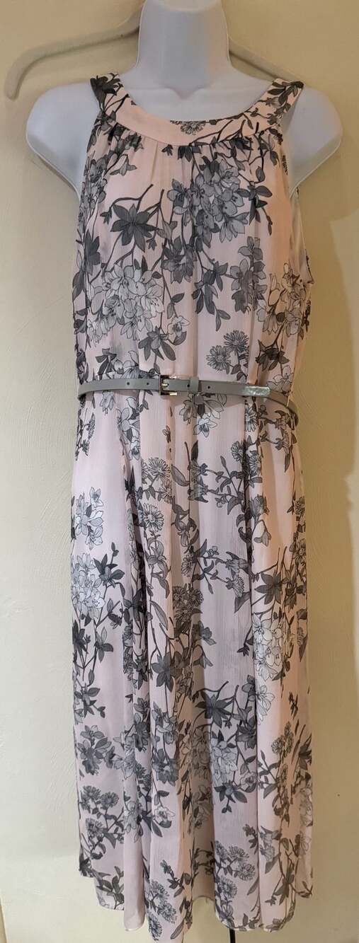 Tommy Hilfiger Floral Chiffon Midi Dress Size 10 NWT Belted Pink Gray $119
